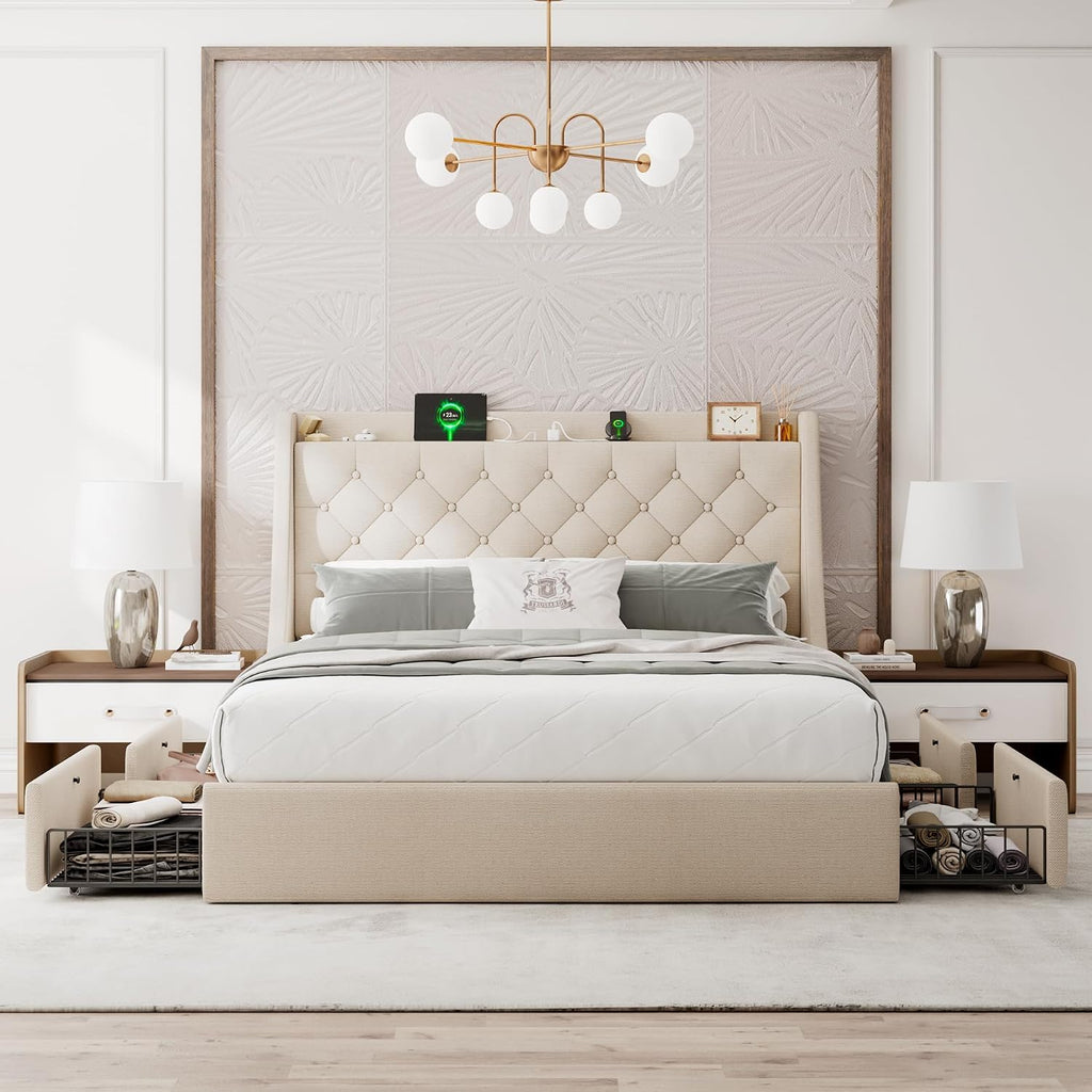 Einhomn Upholstered Queen Bed Frame with 4 Storage Drawers, Modern Platform Bed with Wingback Headboard, Charging Station, No Box Spring Needed, Beige
