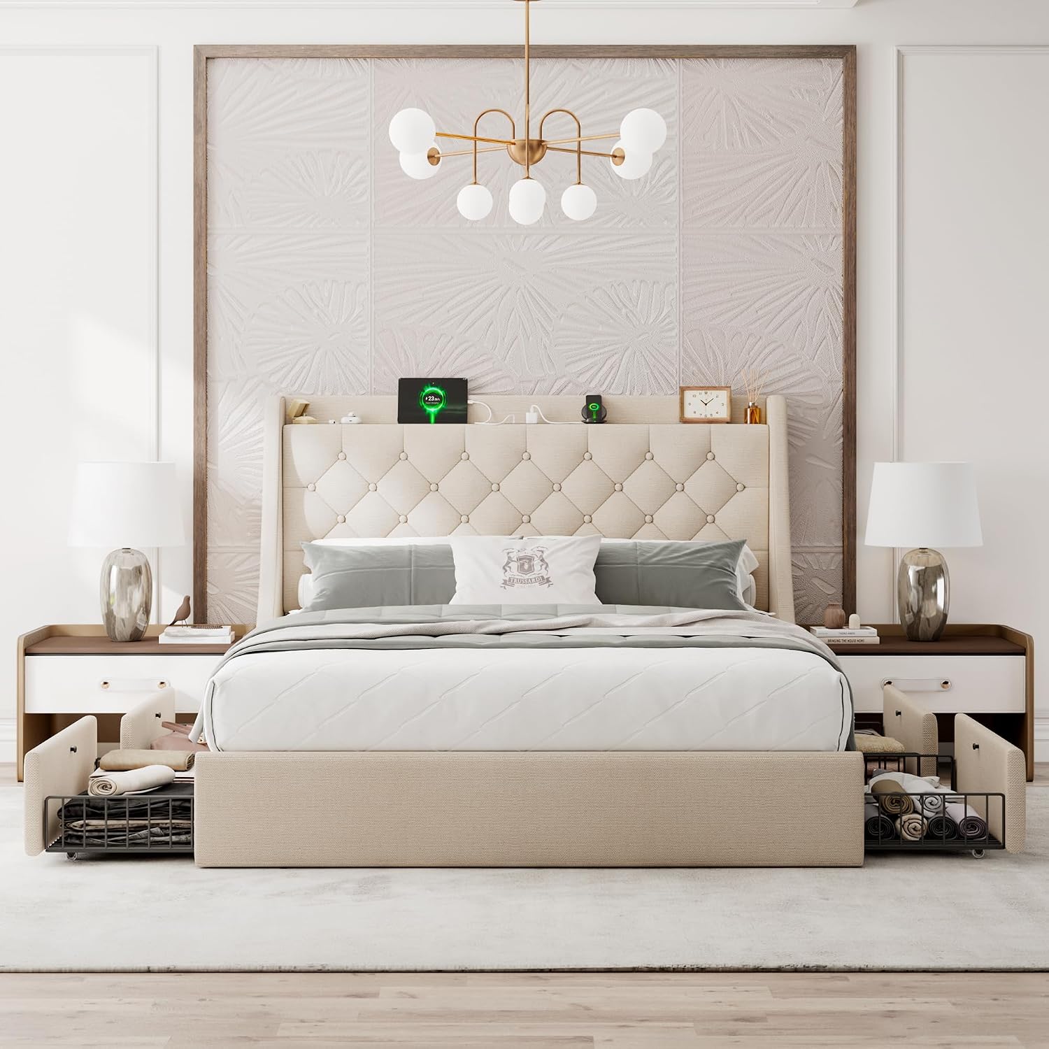 Einhomn Upholstered Queen Bed Frame with 4 Storage Drawers, Modern Platform Bed with Wingback Headboard, Charging Station, No Box Spring Needed, Beige