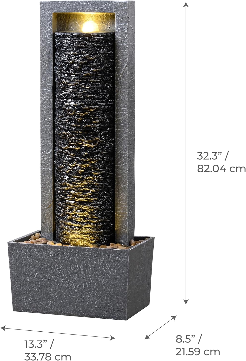 Teamson Home Framed Layered Rock Design Outdoor Water Fountain–Warm Glow Lighting with Steady Flow & Electric Pump, Dark Gray