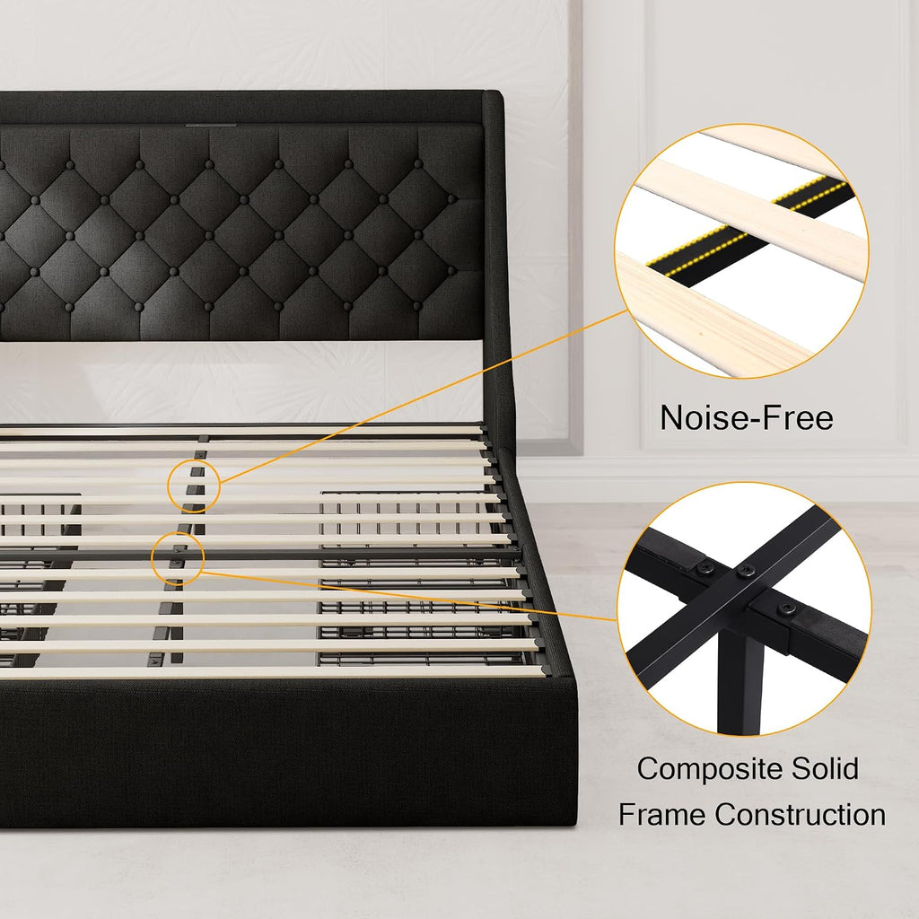 Einhomn Queen Bed Frame with 4 Storage Drawers, Upholstered Modern Bed Frame with Wingback Headboard, Charging Station, No Box Spring Needed, Easy Assembly, Black