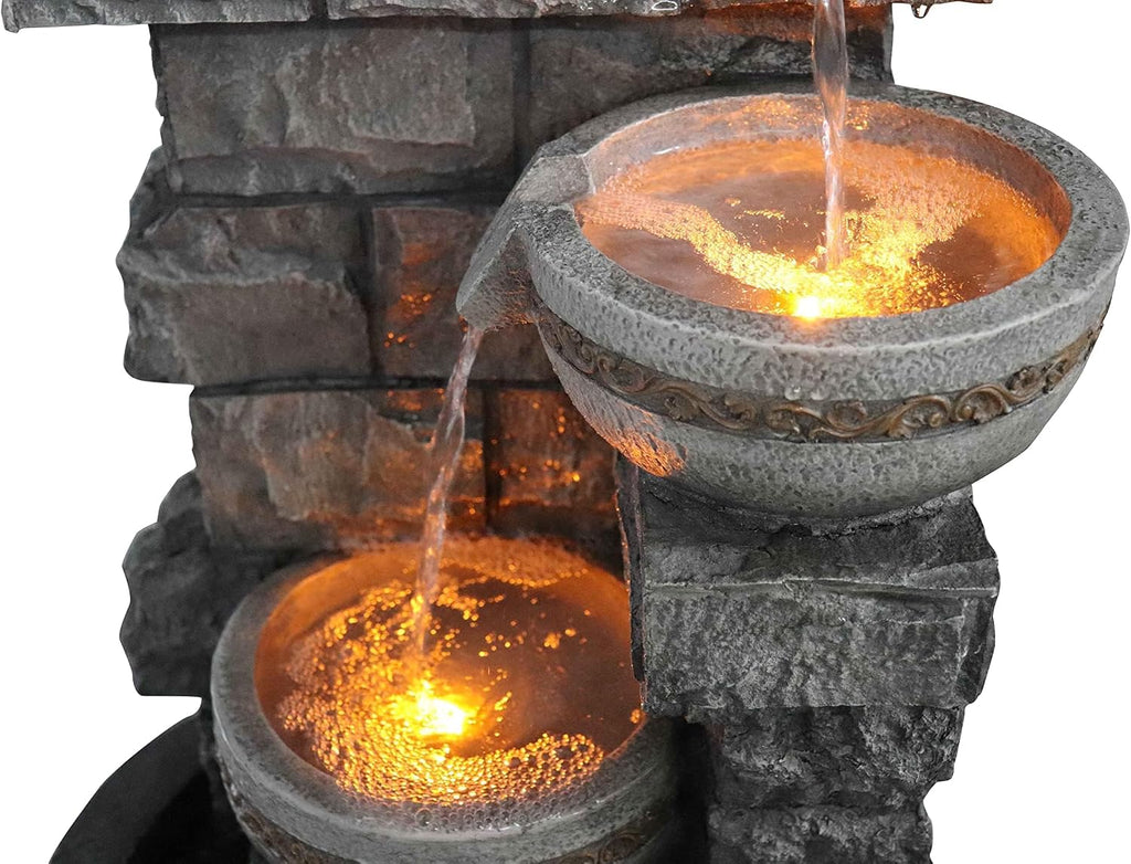Cheng Pin 3 Tiers Outdoor Water Fountain, 28 Inch Tall Stacked Stones Cascading Bowl Fountain, Relaxing Waterfall Flow Water Feature, Bird Rest Station for Garden, Lawn, Yard Outdoor Decor