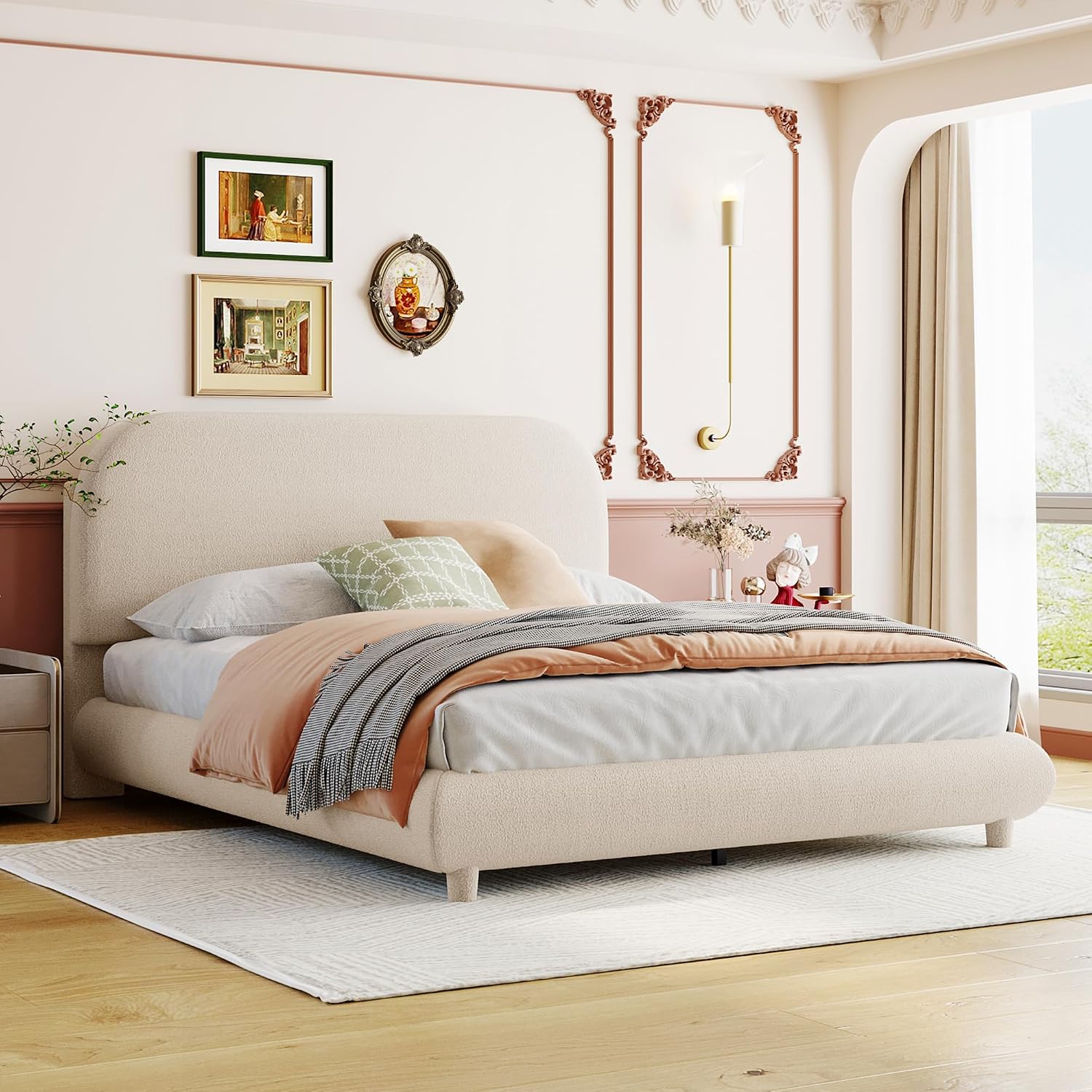 Merax Teddy Fleece Full Size Upholstered Platform Bed with Thick Fabric, Solid Frame and Stylish Curve-Shaped Design, Beige