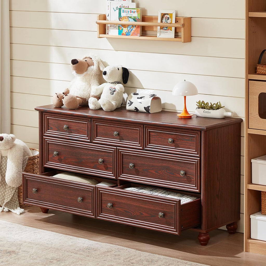 Farmhouse Dressers & Night Stand Set of 3, Wood 54' Wide 7 Drawer Dresser & 35.5'Tall Chest of Drawers, 18' with Charging Station Nightstand, Bedroom Furniture Dresser Set for Home Living Room Hallway