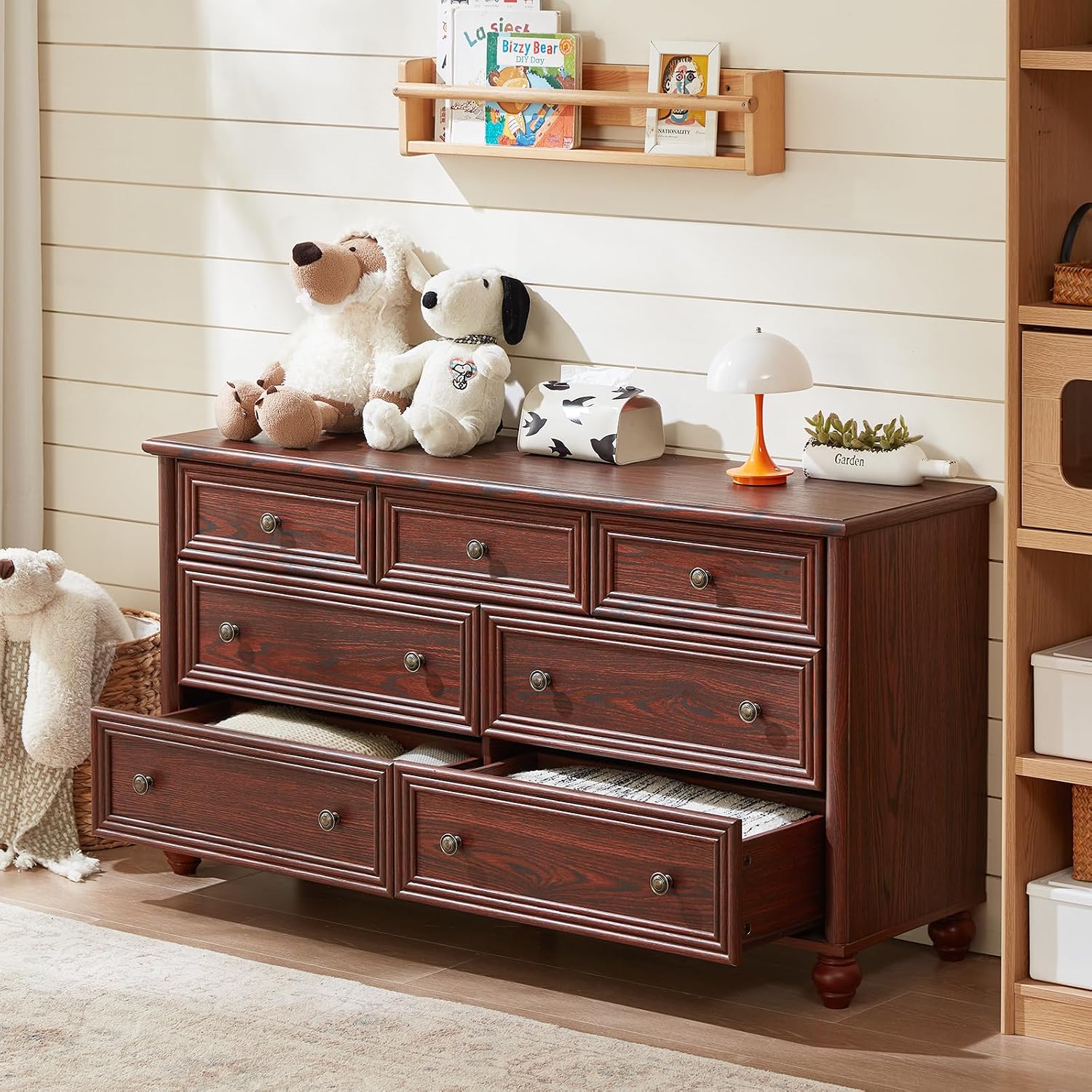 Farmhouse Dressers & Night Stand Set of 3, Wood 54' Wide 7 Drawer Dresser & 35.5'Tall Chest of Drawers, 18' with Charging Station Nightstand, Bedroom Furniture Dresser Set for Home Living Room Hallway