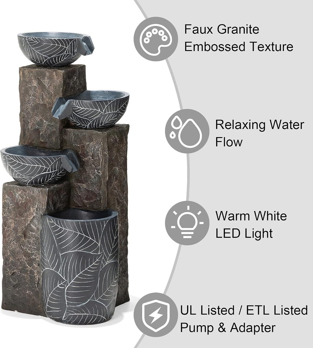 Glitzhome 32.75' H Outdoor Garden Water Fountain with LED Lights and Pump, Natural Leaf Textured 4-Tier Resin Cascading Floor-Standing Fountain for Porch Deck Patio Backyard Decoration