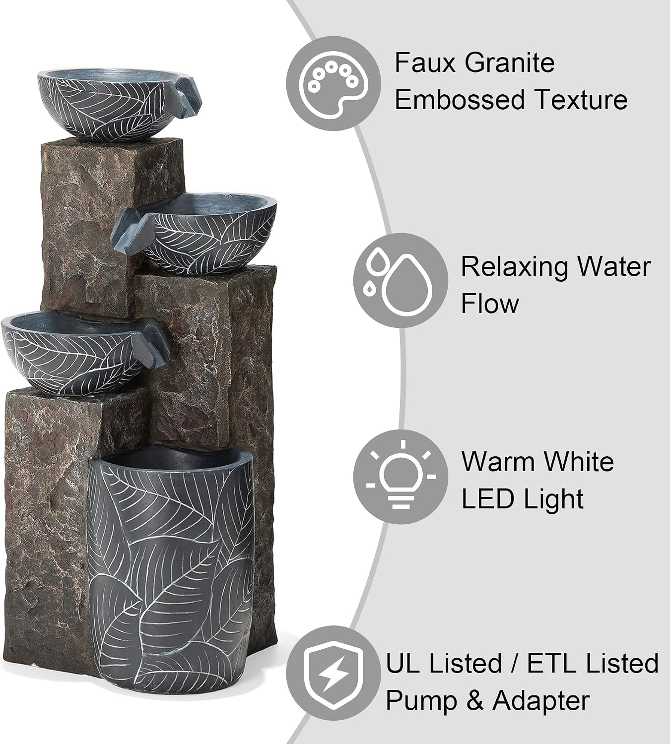 Glitzhome 32.75' H Outdoor Garden Water Fountain with LED Lights and Pump, Natural Leaf Textured 4-Tier Resin Cascading Floor-Standing Fountain for Porch Deck Patio Backyard Decoration