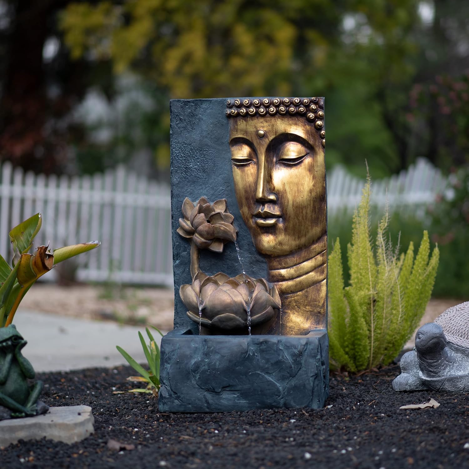 XBrand 30' H Zen Buddha Face Water Fountain w/LED Light & Pump, Indoor/Outdoor Freestanding, Relaxing Zen Décor, Bronze and Natural Grey Polyresin Fountain for Home Patio Garden Backyard