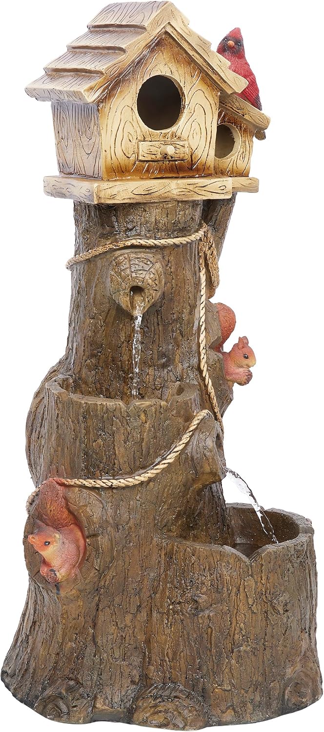 Alpine Corporation ZEN552 Outdoor Multitiered Birdhouse with Cardinal and Squirrels Water Floor Fountain for Patios, Gardens, and Yard Decor, 24' H, Brown