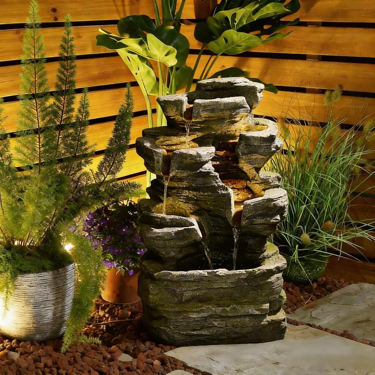 24.2' H Rock Cascading Water Fountain Outdoor&Indoor, 6-Tier Garden Naturefalls Fountains, Floor-Standing Waterfall with Lights for Patio, Backyard, Deck, Porch, Home DéCor, Stone Gray