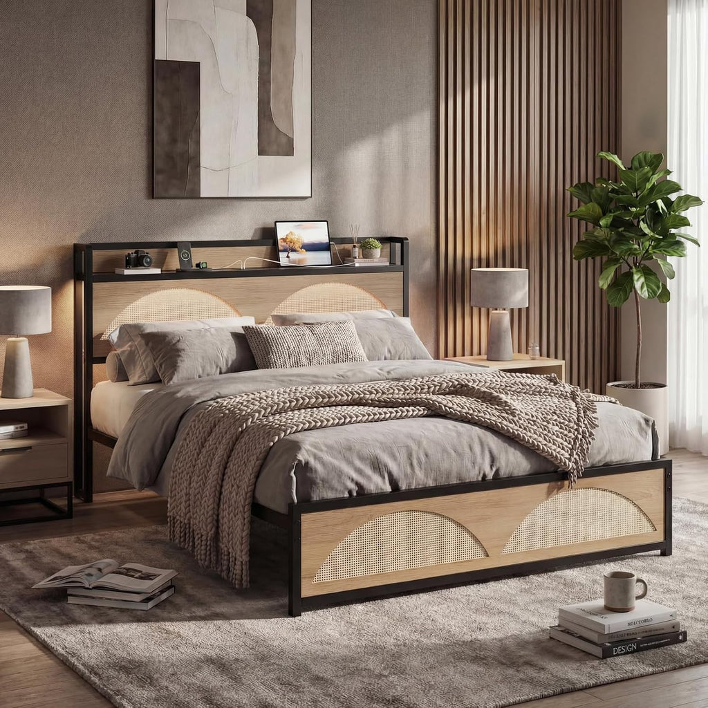 LIKIMIO Rattan Queen Bed Frame with Headboard, LED Lights & Charging Station, Modern Rattan Bedframe, Platform Bed Frame Queen Size, Strong Metal Slat, Noise Free, No Box Spring Needed, Easy Assembly