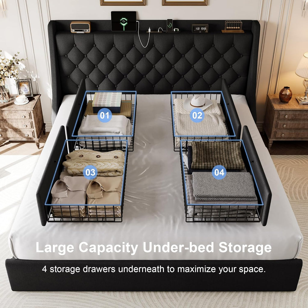 Bed Frame King Size with 4 Storage Drawers & Charging Station, Linen Upholstered Platform Bed with Button Tufted Wingback Headboard, Sturdy Wooden Support Slats, No Box Spring Needed, Black