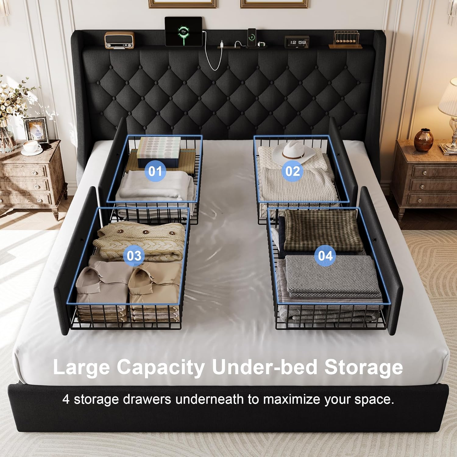 Bed Frame King Size with 4 Storage Drawers & Charging Station, Linen Upholstered Platform Bed with Button Tufted Wingback Headboard, Sturdy Wooden Support Slats, No Box Spring Needed, Black