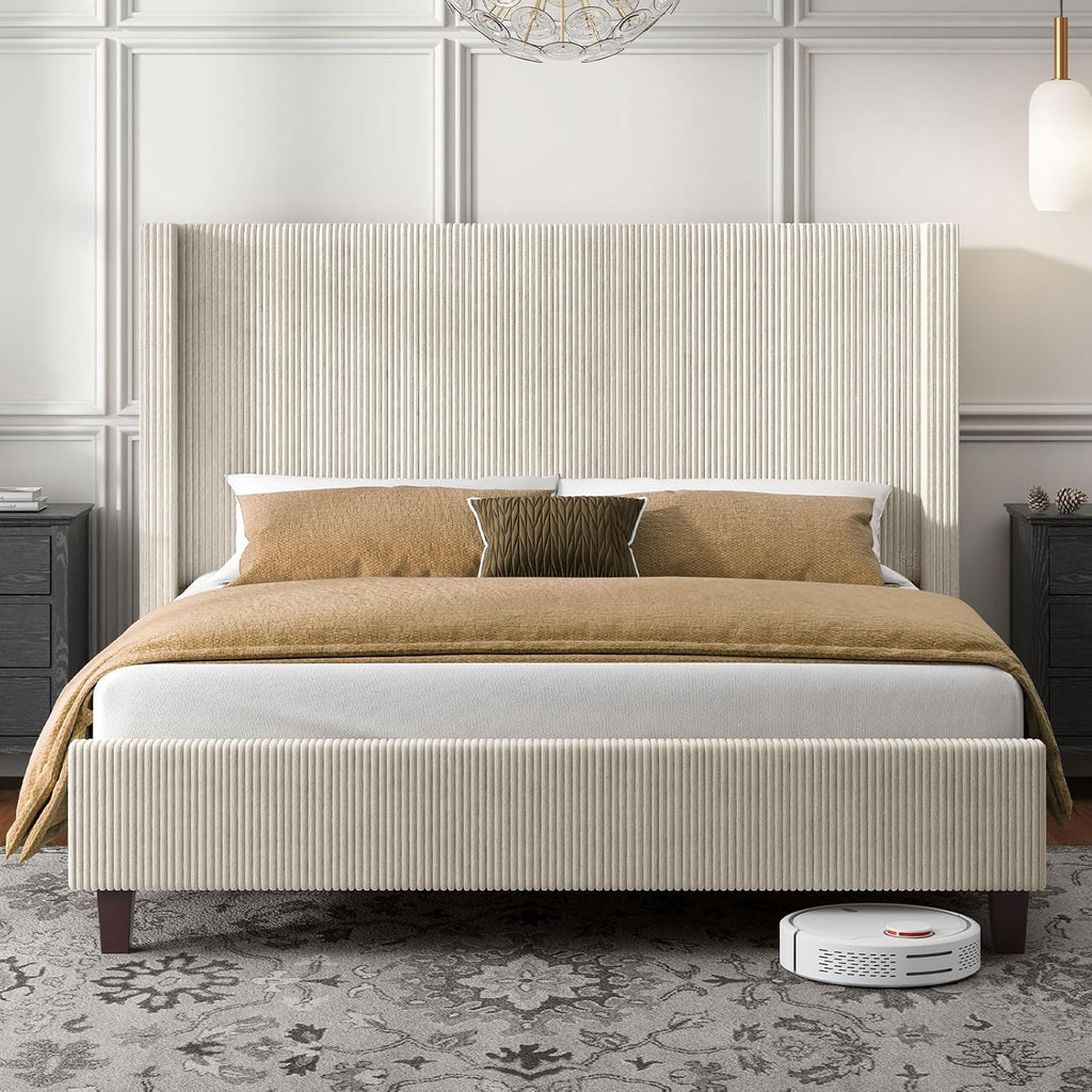 HOWE Queen Size Bed Frame with 50.8' Tall Wingback Headboard, Modern Corduroy Upholstered Platform Bed Frame with Solid Wood Slats & Legs, No Box Spring Needed, Noise-Reducing Design, Cream