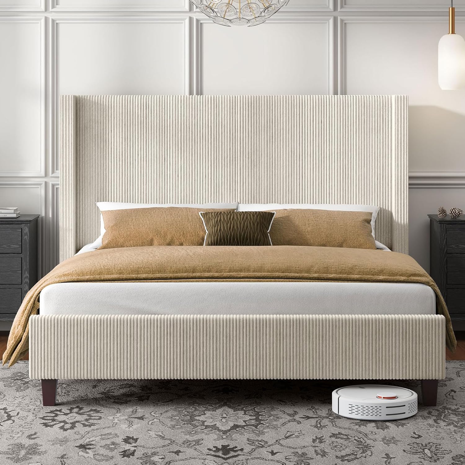 HOWE California King Bed Frame with 50.8' Tall Wingback Headboard, Modern Corduroy Upholstered Platform Bed Frame with Solid Wood Slats & Legs, No Box Spring Needed, Noise-Reducing Design, Cream