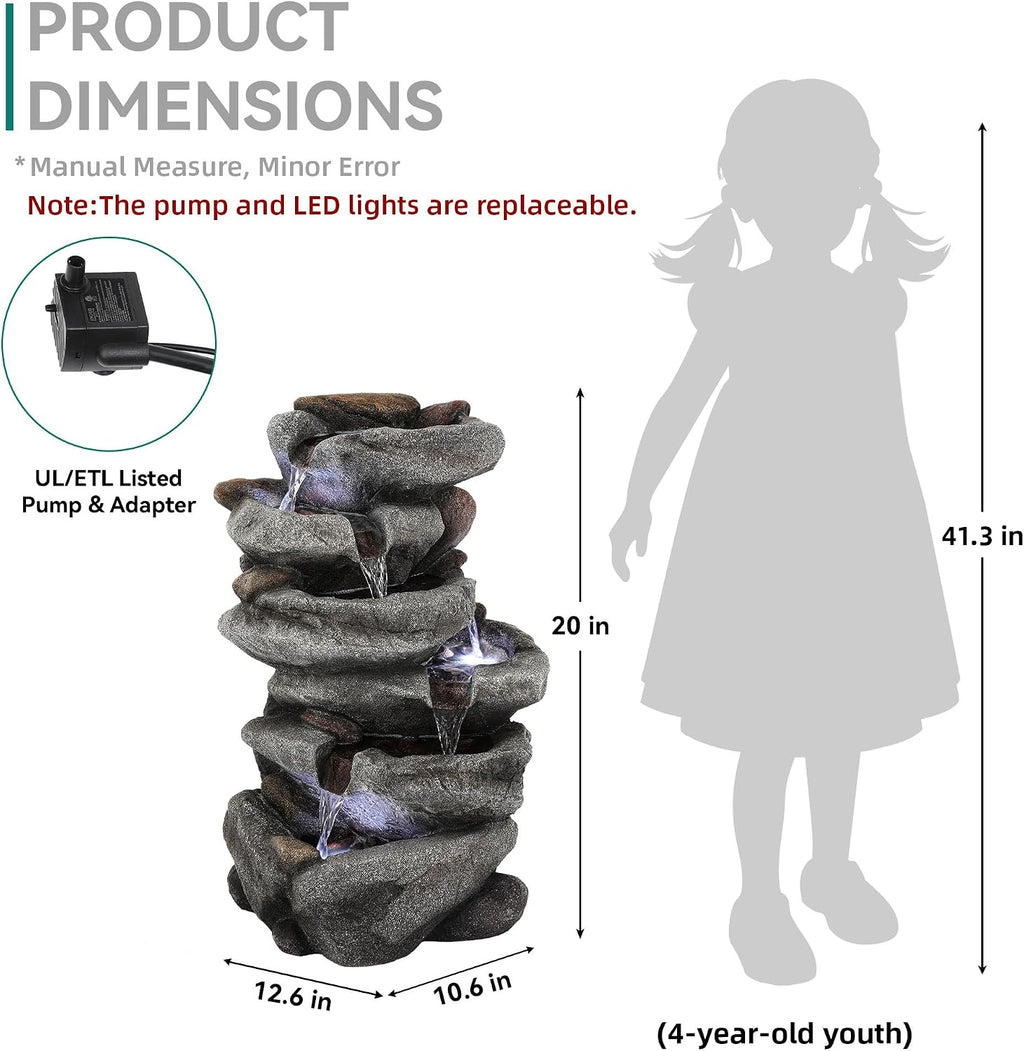 20' H Outdoor Water Fountain with LED Lights, 5-Tier Rock Outdoor Fountain with Pump,Polyresin Cascading Freestanding Waterfall Feature for Tranquil Garden, Patio or Porch