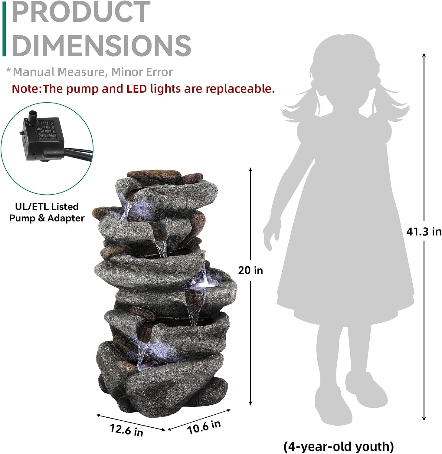 20' H Outdoor Water Fountain with LED Lights, 5-Tier Rock Outdoor Fountain with Pump,Polyresin Cascading Freestanding Waterfall Feature for Tranquil Garden, Patio or Porch