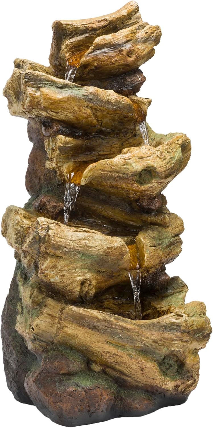 Alpine Corporation TZL226 Outdoor 4 Tier Log Tree Trunk Waterfall Floor Fountain with LED Lights, Tiered Garden Décor, 24' H, Brown
