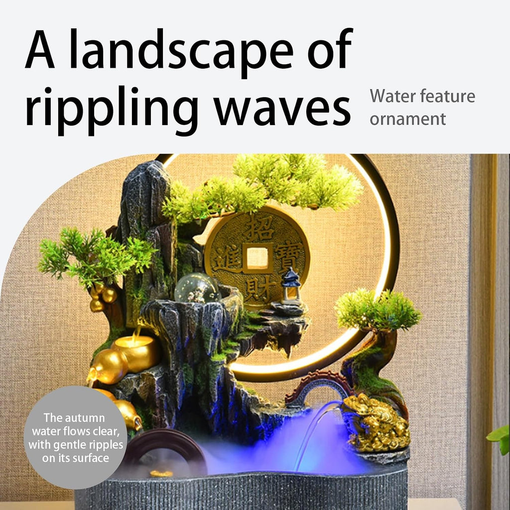Tabletop Water Fountain, Indoor Bonsai Waterfall with LED Light, Resin Desk for Living Room, Office, Bedroom, Study(A)