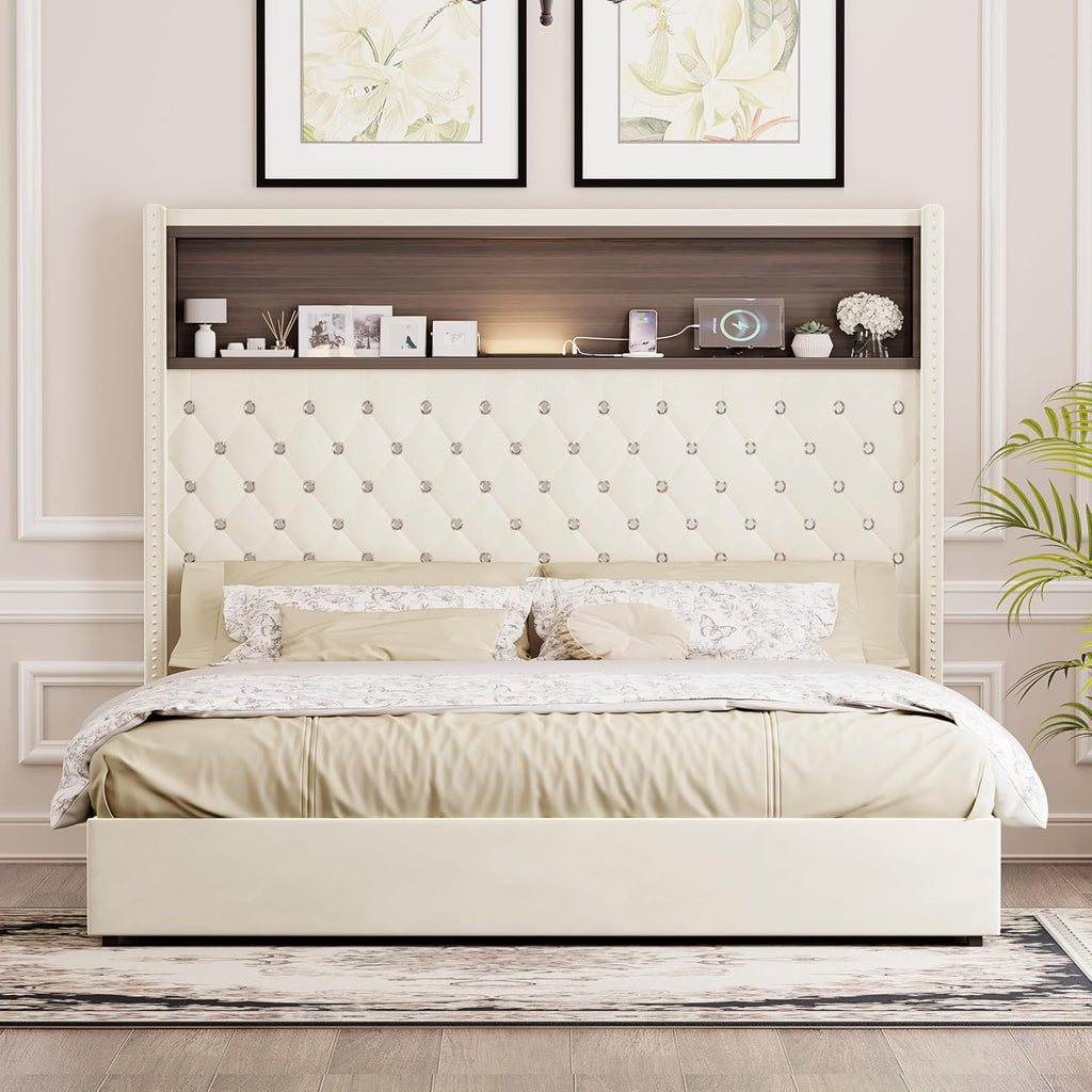 Queen Size Bed Frame with Storage, Velvet Tufted Soft Bed Frame with 52'' High Headboard with Rivet Decoration, Wing-back Platform Bed with Headboard Shelf, No Box Spring Needed (Beige,Queen,42)