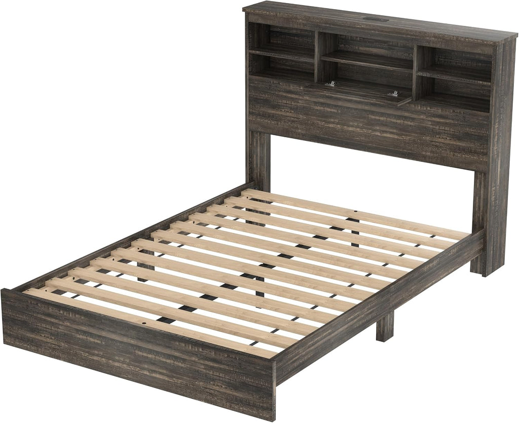 4-Piece Bedroom Furniture Sets, Wooden Queen Size Platform Bed Frame with Storage Headboard and Charging Station, 2 Nightstands with 2 Drawers, 1 Dresser with 5 Drawers (Antique Gray-01)
