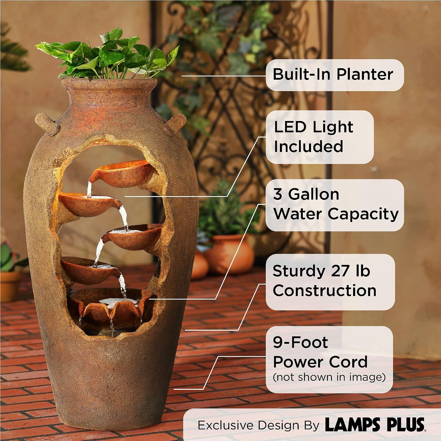 Nathan Cascade 33' High Large Rustic Outdoor Decor Faux Stone Floor Fountain with Light LED Urn with Planter Waterfall Standing Water Feature for Outside Garden Patio Yard Backyard - John Timberland