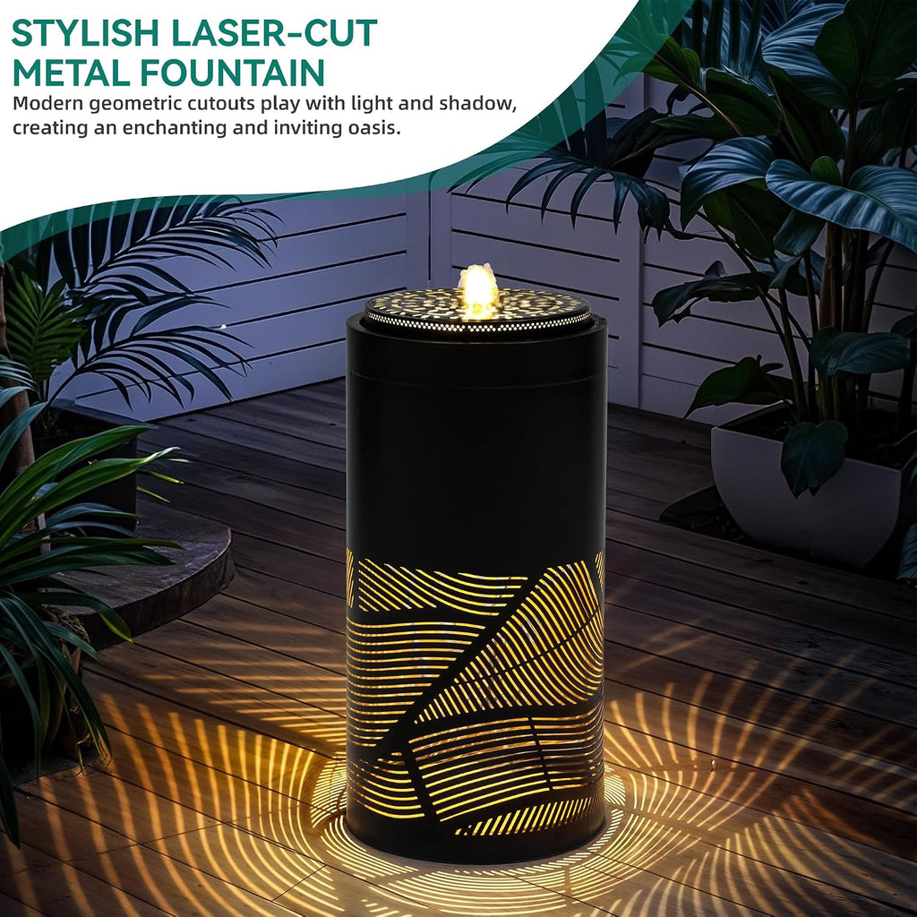 23.6'H Modern Metal Outdoor Water Fountain with LED Lights, Matte Black Geometric Cutout Bird Bath Garden Fountain, Soothing Waterfall Feature for Patio, Yard, Porch, 23.6'H-Sleek Matte Black