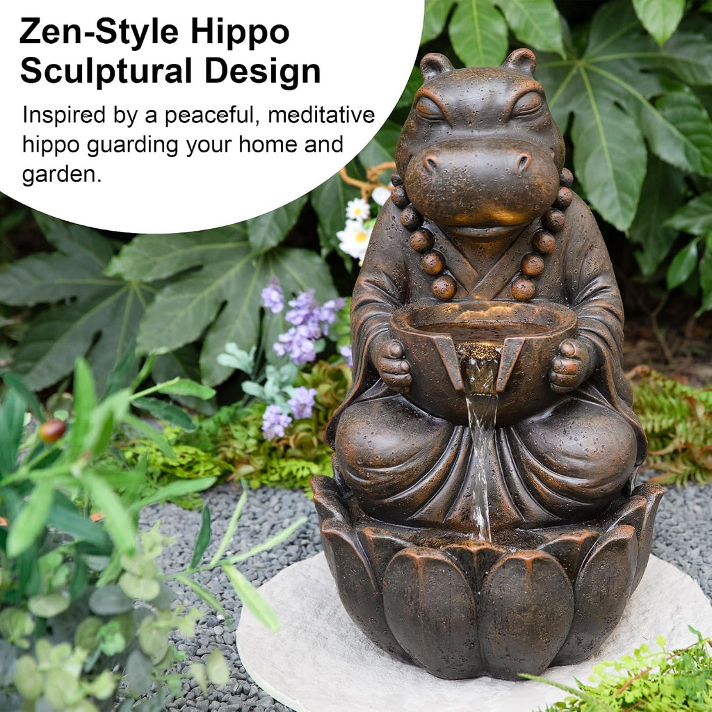 Glitzhome Water Fountain Outdoor, Outdoor Fountain with Lights, Zen-Style Water Fountain with Pump, 22' H 2-Tiered Bronze Hippo Polyresin Water Feature for Home Patio Garden Backyard Decor