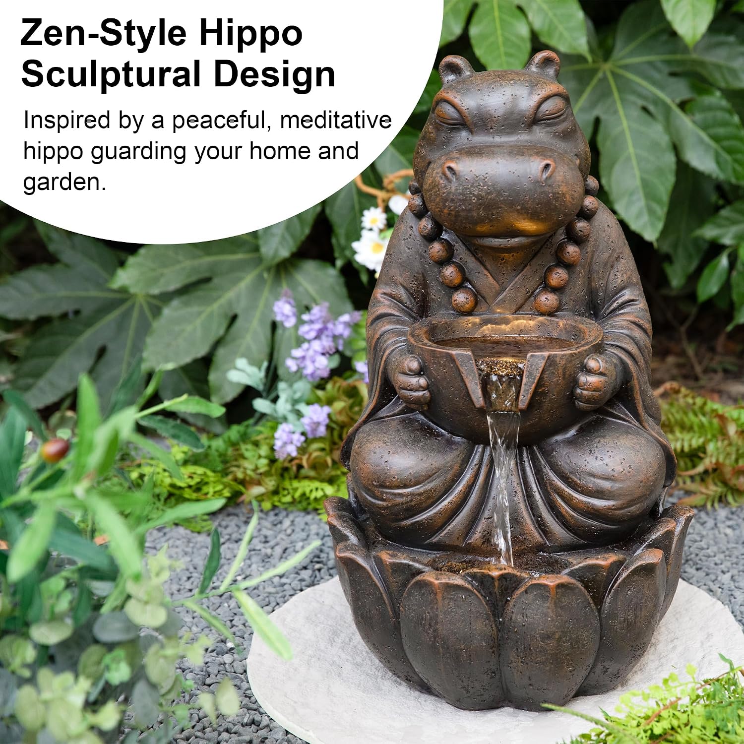 Glitzhome Water Fountain Outdoor, Outdoor Fountain with Lights, Zen-Style Water Fountain with Pump, 22' H 2-Tiered Bronze Hippo Polyresin Water Feature for Home Patio Garden Backyard Decor