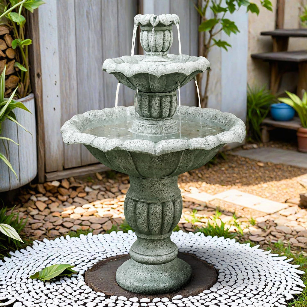 SunJet 39.3' High Modern Concrete Outdoor Water Fountain - 3 Tiered Large Floor Water Fountain and Waterfalls with Electric Pump for Garden, Patio, Yard, and Deck Decor, Featuring Natural Stone Look