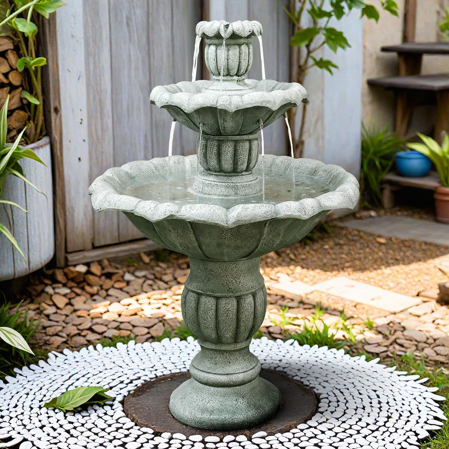 SunJet 39.3' High Modern Concrete Outdoor Water Fountain - 3 Tiered Large Floor Water Fountain and Waterfalls with Electric Pump for Garden, Patio, Yard, and Deck Decor, Featuring Natural Stone Look
