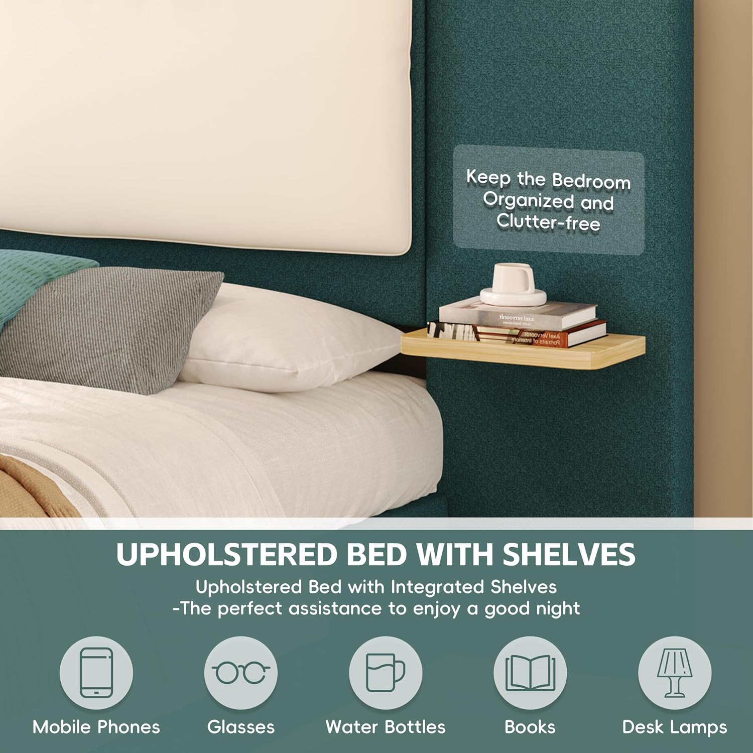 Merax King Size Bed Frame, Linen Upholstered Platform Bed with Large PU Leather Headboard and Shelf, Modern Bedroom Furniture & Solid Wood Slats Support, No Box Spring Needed, Easy Assembly, Green