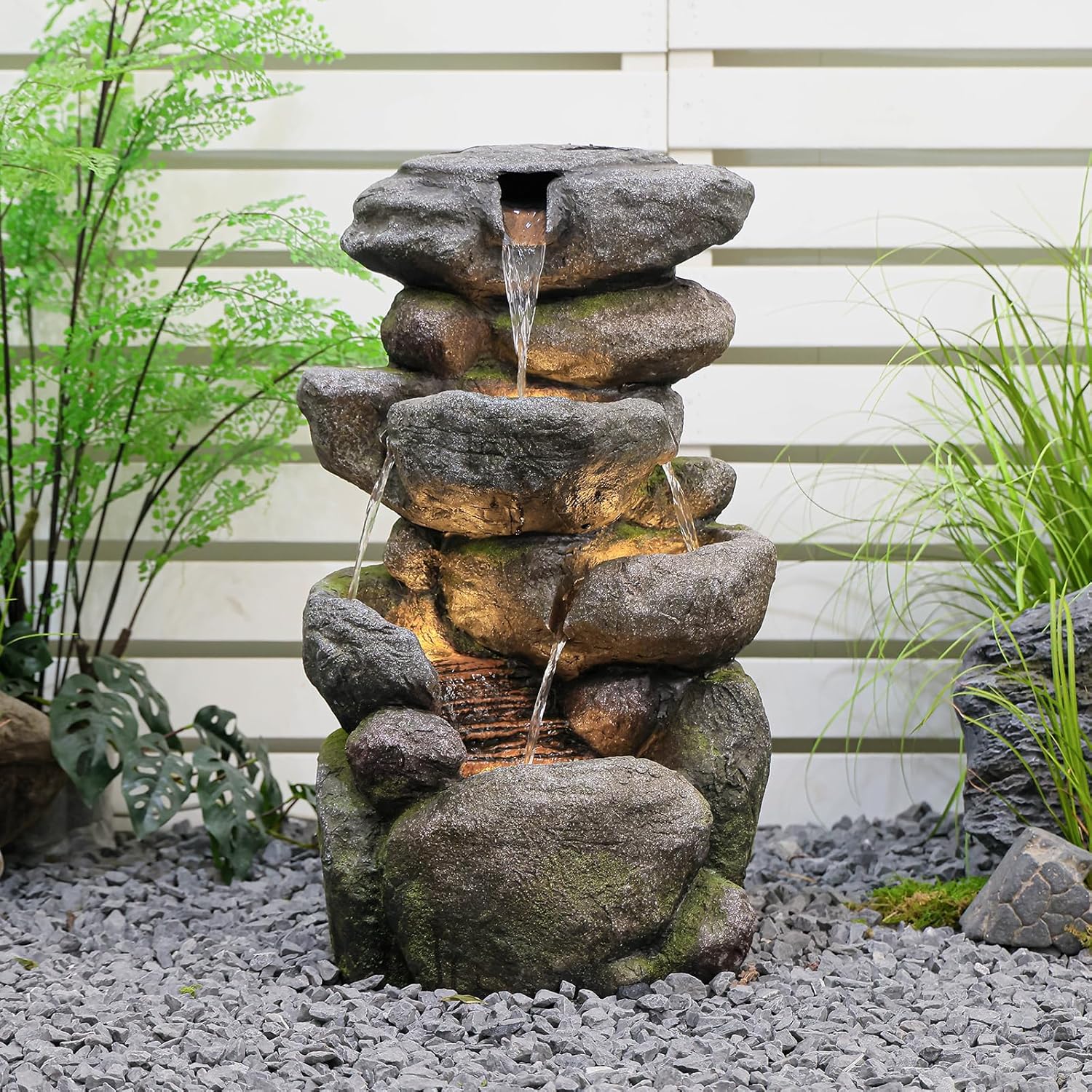 Sunlinua 28.6' H Outdoor Water Fountain with 4 Tiers Cascading Realistic Rock Waterfall Fountains with LED Lights Outdoor Water Fountain for Garden Patio Backyard Porch Home Decor