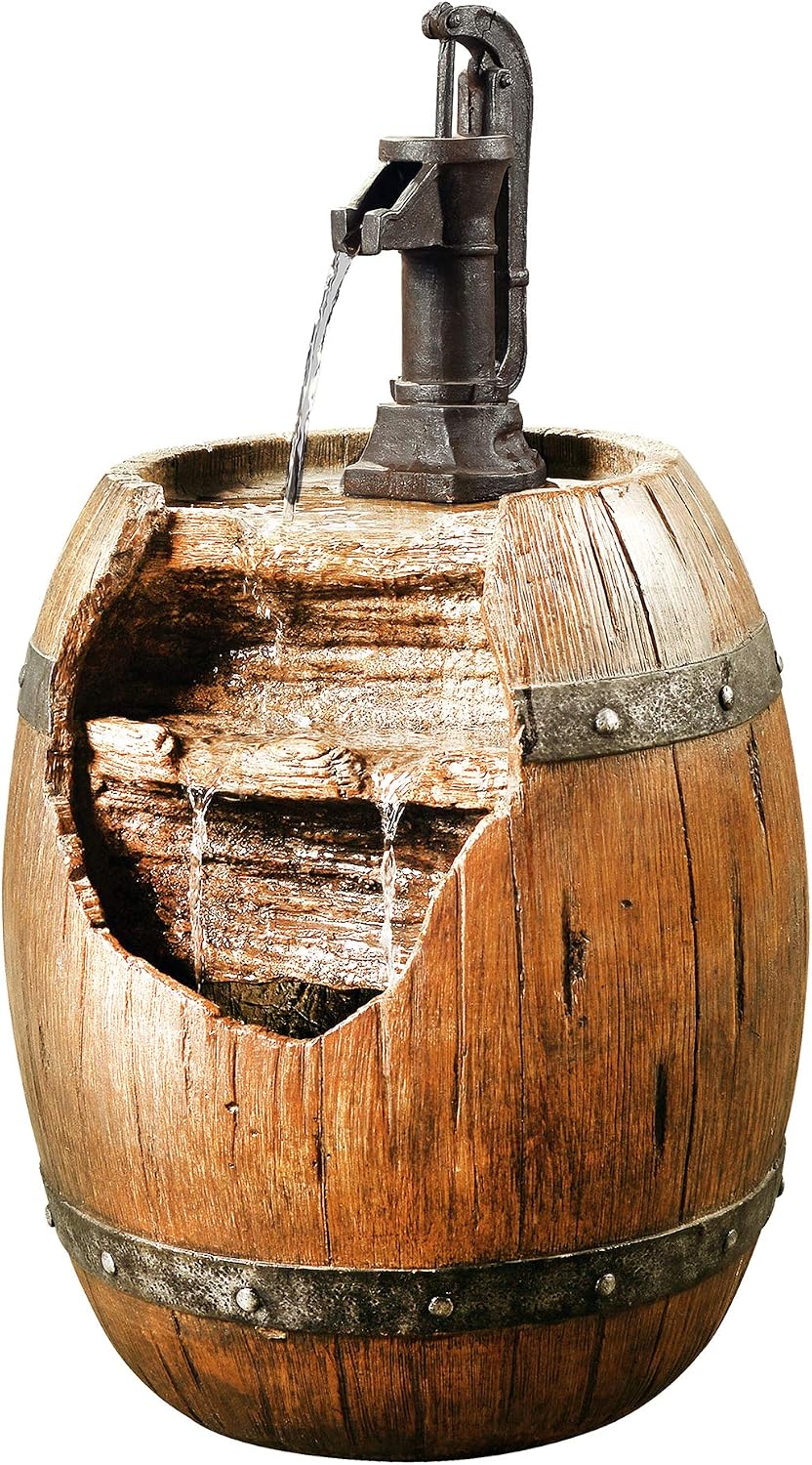 Teamson Home Vintage Barrel Waterfall Fountain with Pump for Outdoor Patio Garden Backyard Decking, 33 Inch Height, Wood