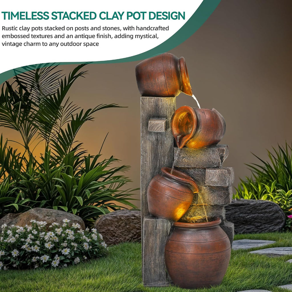 31.5' H Outdoor Water Fountain with LED Lights and Pump, Cascading Pitchers Farmhouse Garden Fountain Waterfall for Patio, Porch, or Yard