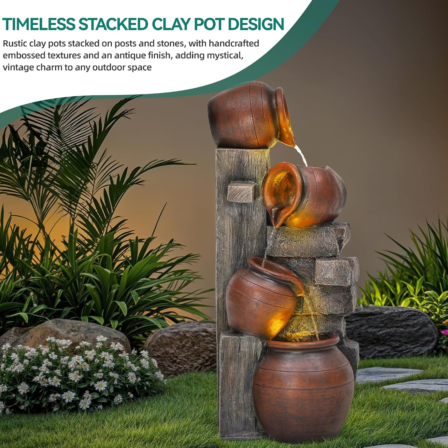 31.5' H Outdoor Water Fountain with LED Lights and Pump, Cascading Pitchers Farmhouse Garden Fountain Waterfall for Patio, Porch, or Yard