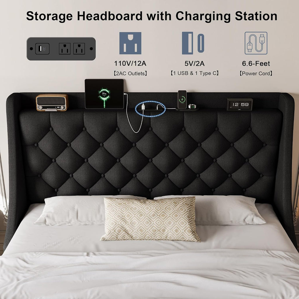 Queen Size Upholstered Platform Bed Frame with 4 Storage Drawers and Charging Station, Linen Button Tufted Wingback Headboard, Sturdy Wooden Support Slats, No Box Spring Needed, Black