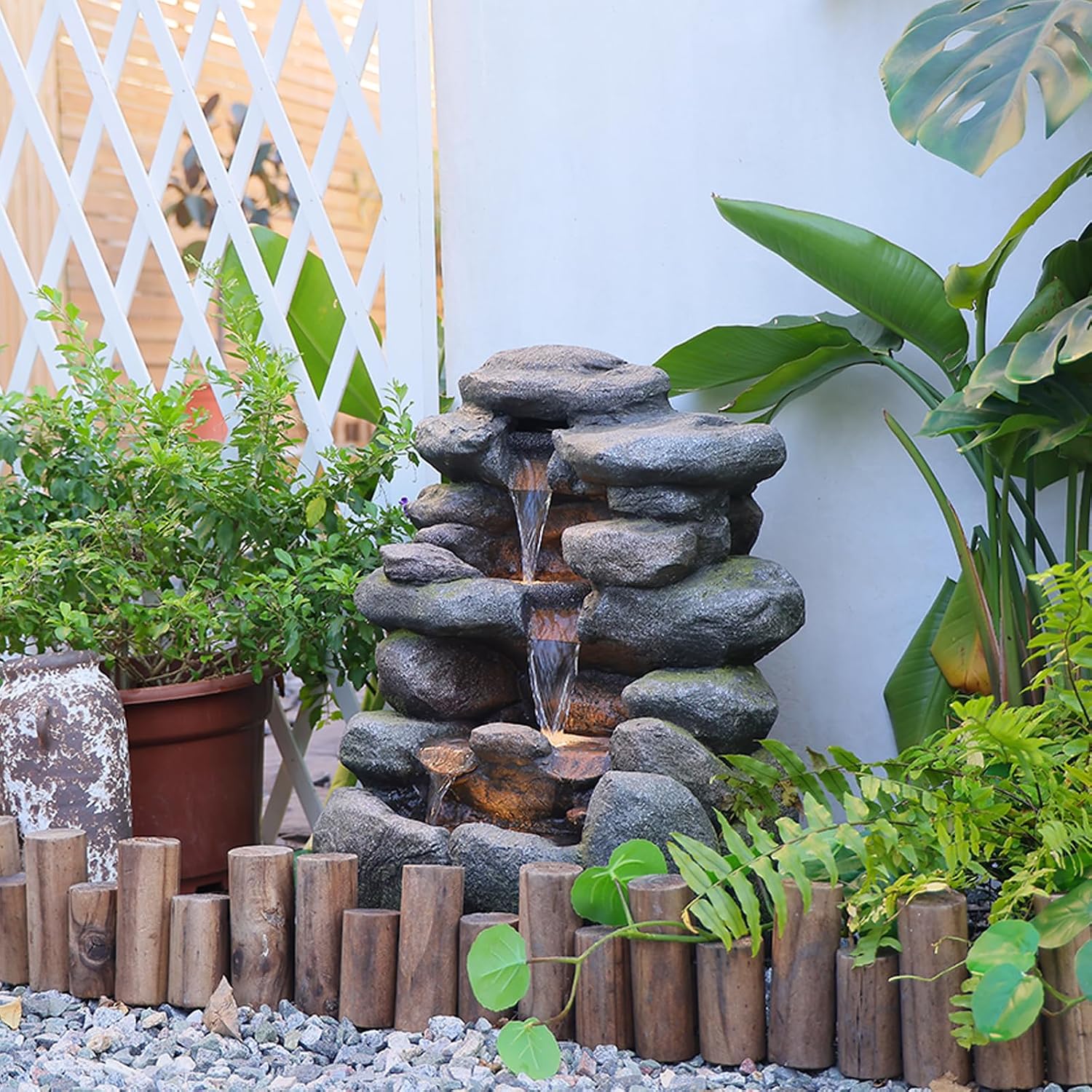 Bumilgar 23.4' H Garden Outdoor Rock Water Fountain with LED Lights, 4-Tier Cascading Waterfall Fountain, Faux Stone Resin Water Feature for Patio, Backyard & Home Decor