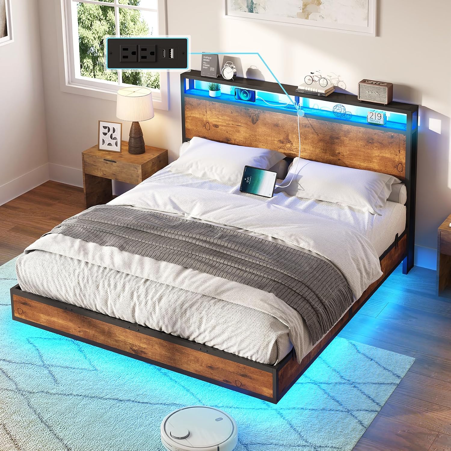 AMERLIFE Queen Size Floating Bed Frame with 2-Tier Storage Headboard, Metal Bed Frame with Charging Station & LED Lights, No Box Spring Needed, Rustic Brown