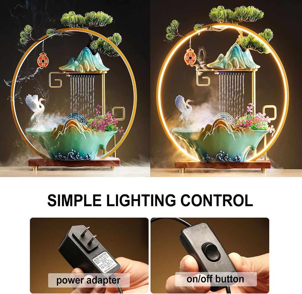 Crane Tabletop Indoor Fountain, Waterfall Fountain, Incense Burner, Feng Shui Decor for Good Luck Wealth, Ceramic Fountain with LED Light Zen Decor for Meditation Relaxation (Crane)