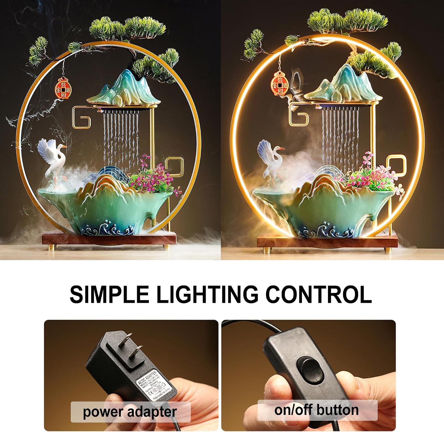 Crane Tabletop Indoor Fountain, Waterfall Fountain, Incense Burner, Feng Shui Decor for Good Luck Wealth, Ceramic Fountain with LED Light Zen Decor for Meditation Relaxation (Crane)