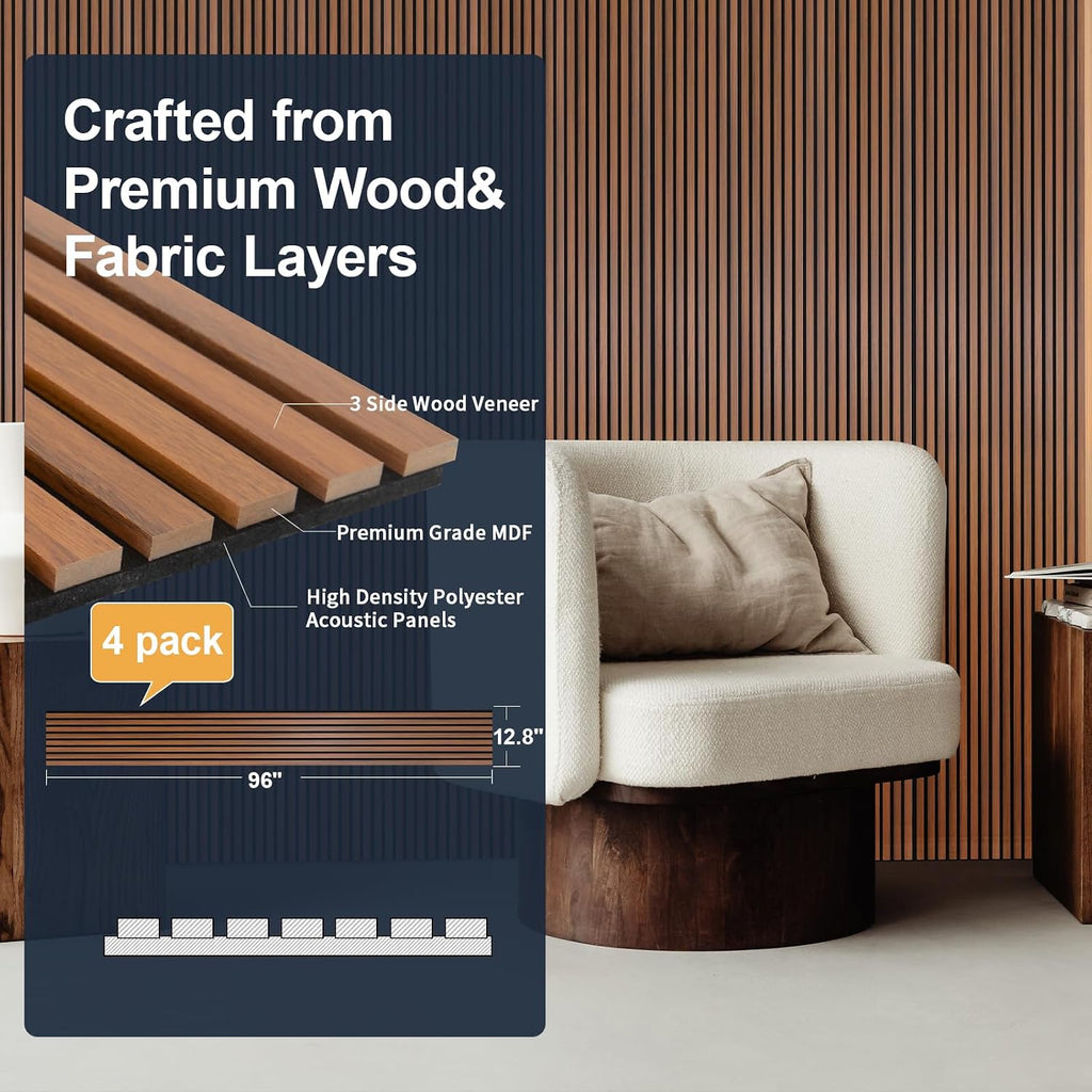 NeatiEase Wood Panels for Wall, 4-Piece 96' x 12.6' Soundproof Wood Slat Wall Panel for Interior Wall Decor Noise Cancelling, Acoustic Wall Panels, Sound Absorbing Panel (Teak)
