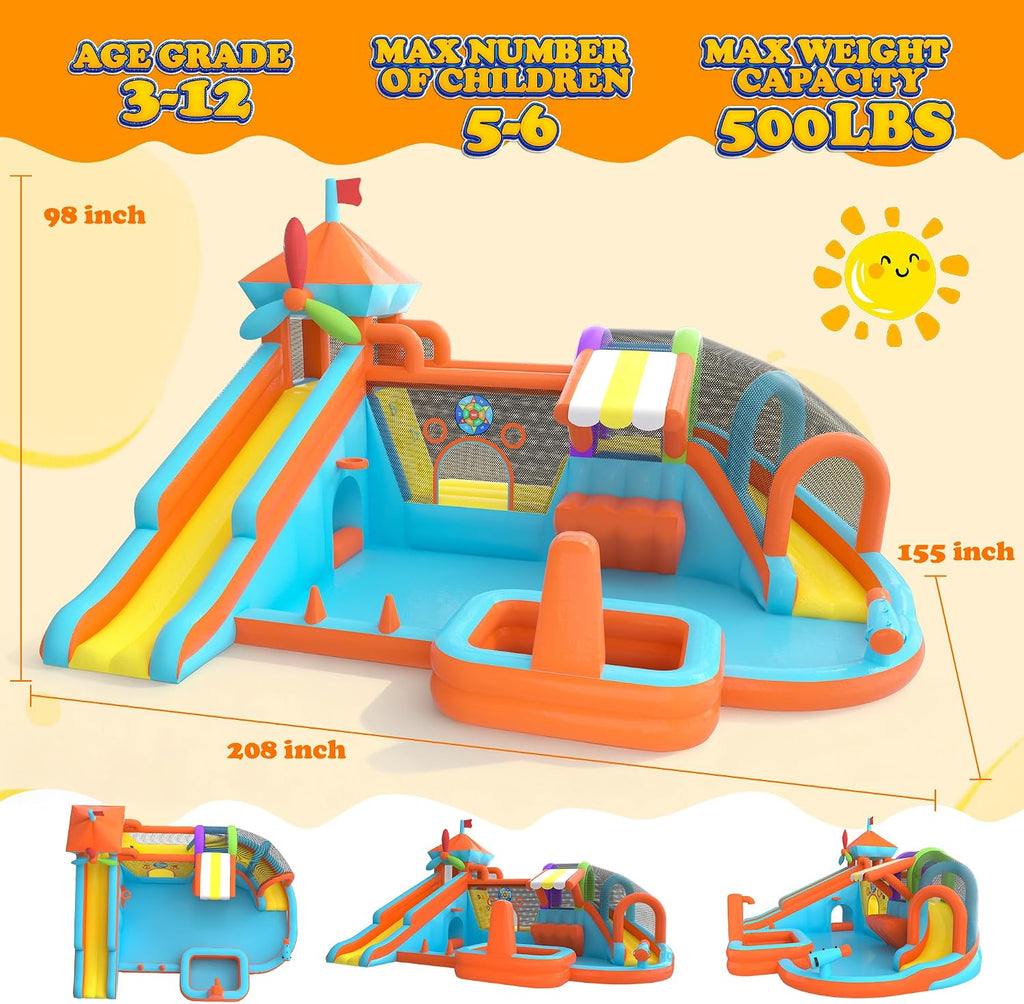 Inflatable Bounce House with Double Slide, 10 in 1 Large Bounce Castle with 750W Blower, Water Slide, Jumping, Splash Pool, Climbing Wall, Toy Stand, Water Cannon, Basketball, Tunnel, Outdoor, Orange