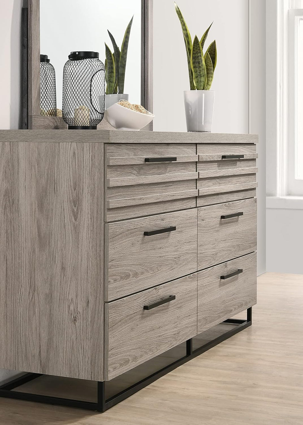 Roundhill Furniture Alvear Upholstered Wood Panel Bed, Dresser, Mirror, Nightstand, and Chest, Queen