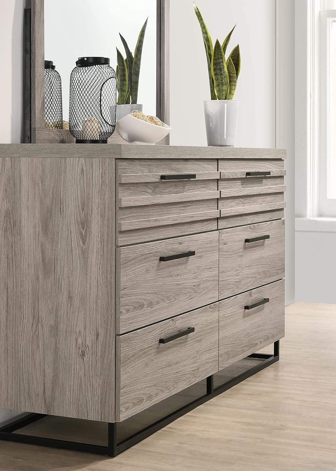 Roundhill Furniture Alvear Upholstered Wood Panel Bed, Dresser, Mirror, Nightstand, and Chest, King, Weathered Gray