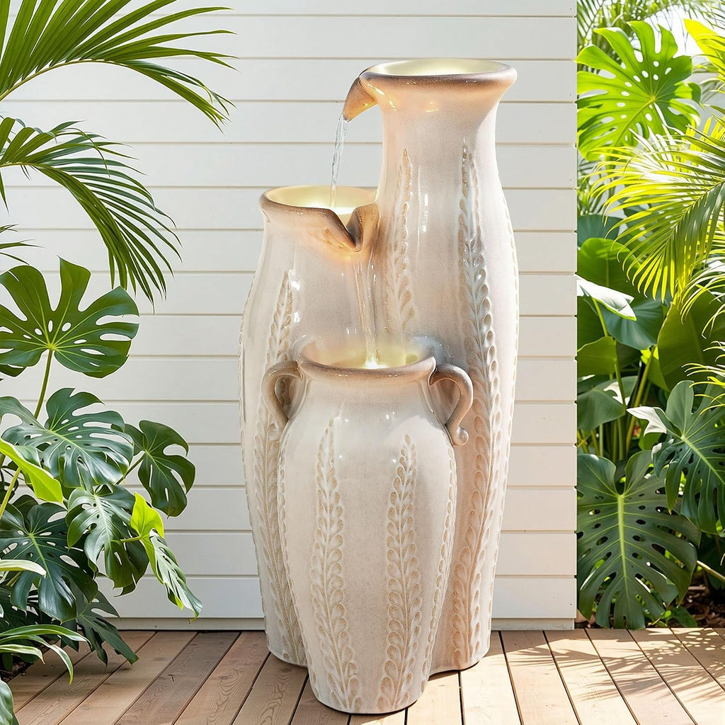 29.5' H Ceramic Outdoor Water Fountain with LED Lights, 3-Tier Vase Cascading Water Feature, Beige Glaze with Embossed Leaf Patterns, Tranquil Waterfall for Garden, Patio, Yard, or Porch