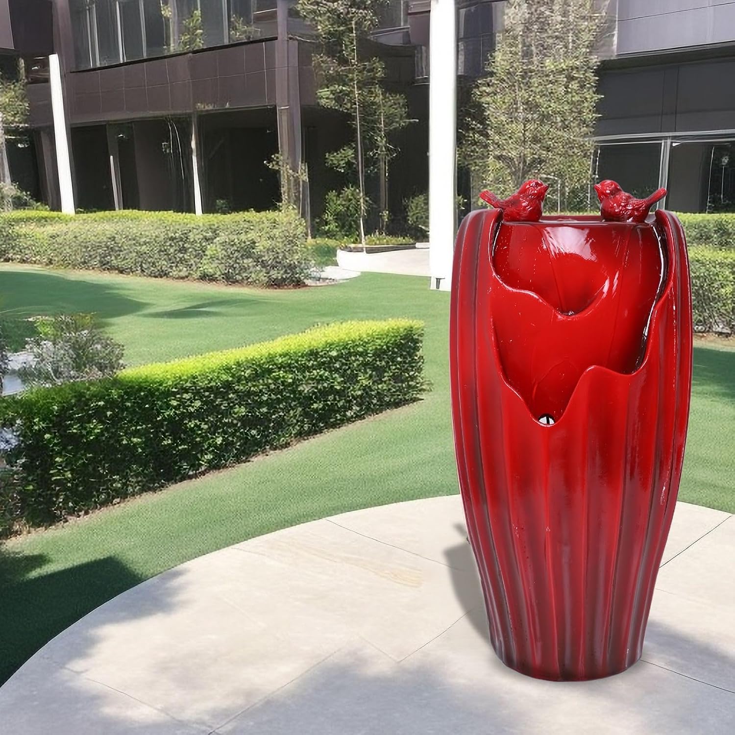 Ferrisland Red Fountain with LED Lights, 20' H Resin Vase Outdoor Freestanding Fountain with Adjustable Water Pump, Outside Garden & Backyard Decking Décor