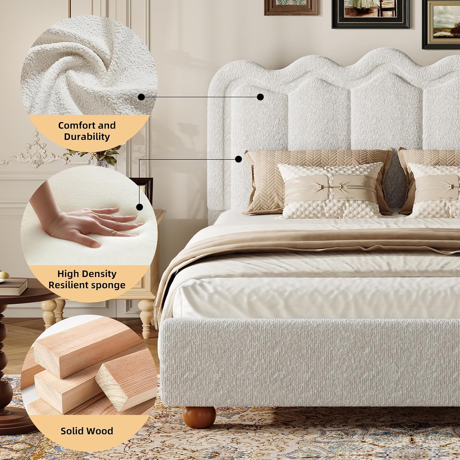 Twin Bed Frame with Headboard, Boucle Bed Frame, Soft Upholstered Platform Cloud Bedframe with Footboard, Solid Wood Legs, Solid Wooden Slats Support, No Box Spring Required, Easy Assembly