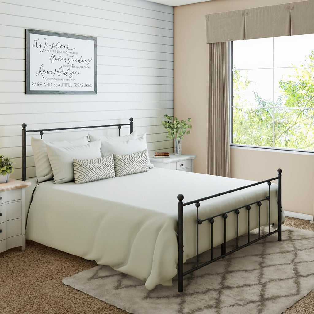 Golden Gate Beds Victorian Style Metal Platform Bed Frame with Antique Wrought Iron-Art Headboard and Footboard, Classic Cama Steel Mattress Foundation, No Box Spring Needed, Queen Size, Black Finish