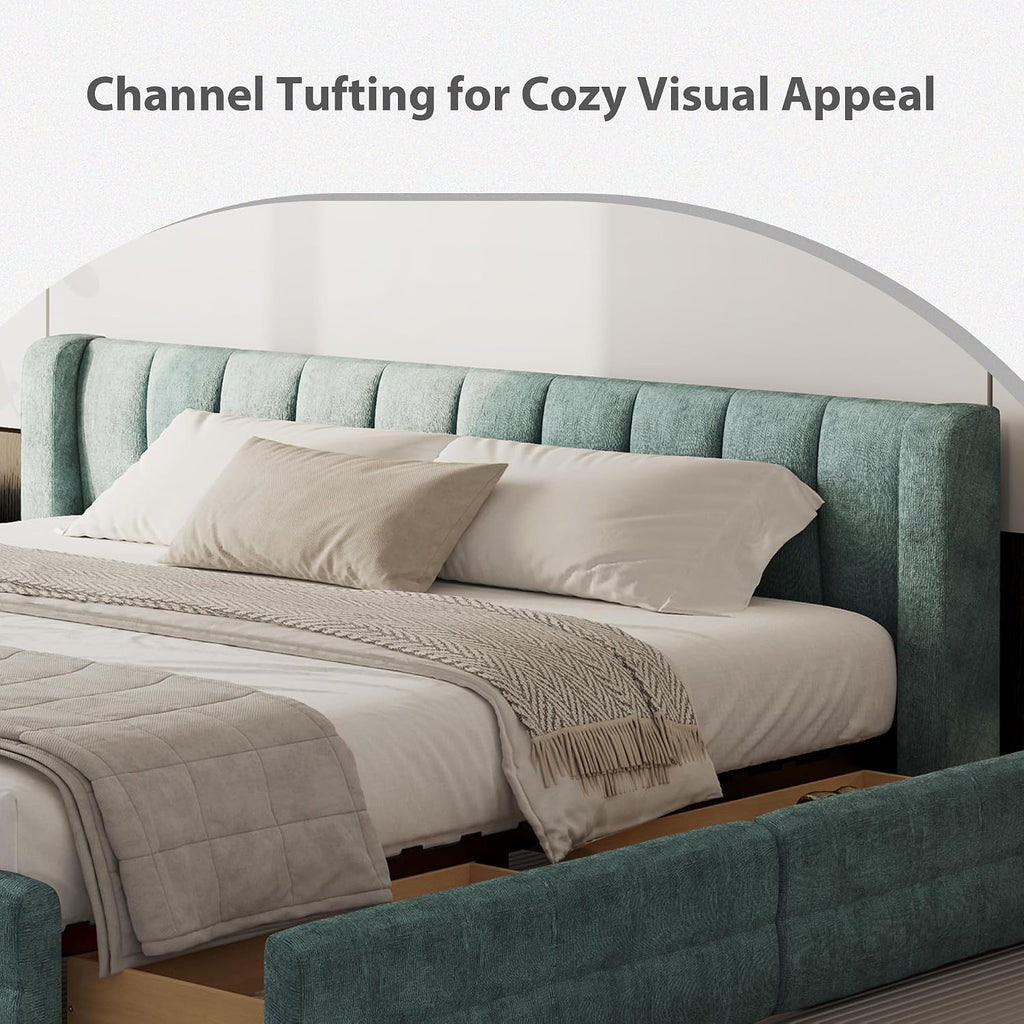 DEINPPA King Size Bed Frame with 4 Storage Drawers and Cloud Soft Headboard, Chenille Upholstered Grounded Wood Base Bed Frame, No Box Spring Needed-Blue+Green