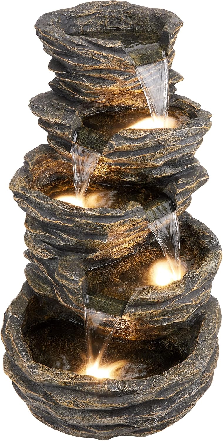 Alpine Corporation 39' Tall Outdoor 5 Tiered Natural Look Rock Water Floor Fountain with Replaceable Lights, Brown